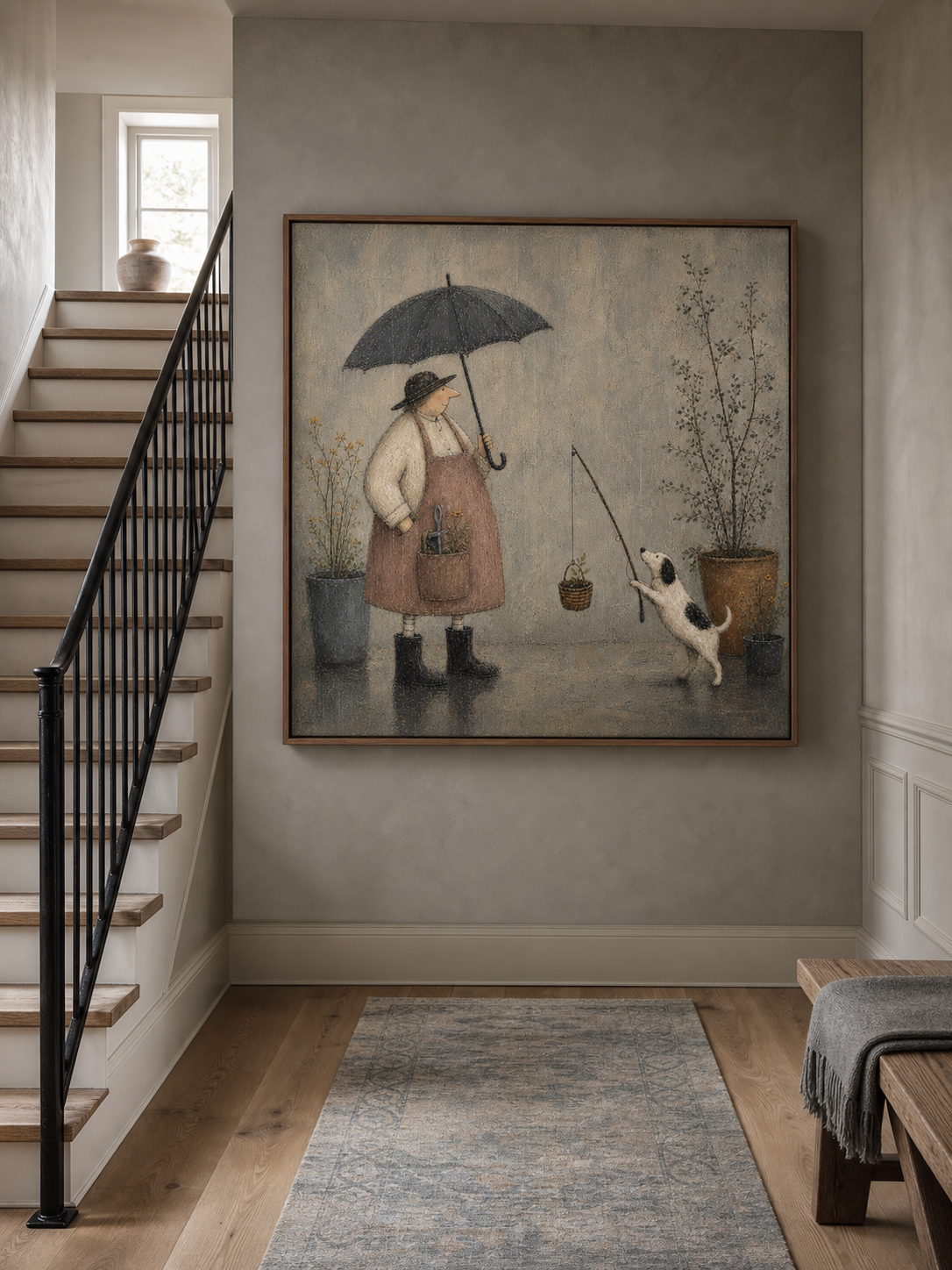 Vintage Hand-Painted Rainy Garden Dog Wall Art Whimsical Cottage Painting