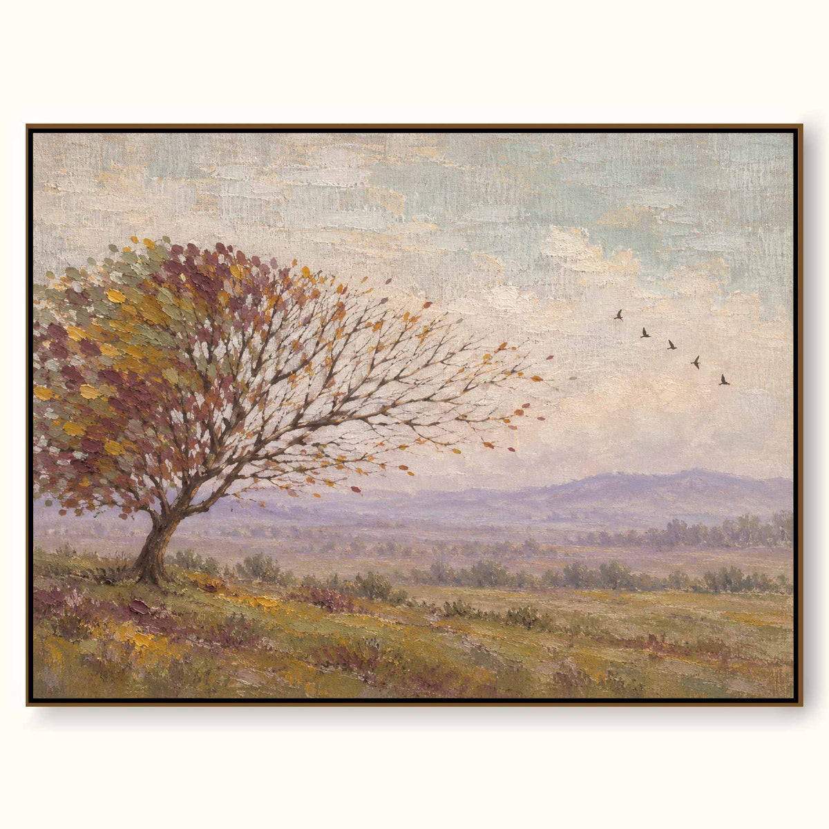 Minimalist Rural Landscape Wall Art Hand Painted Autumn Tree And Mountain Painting