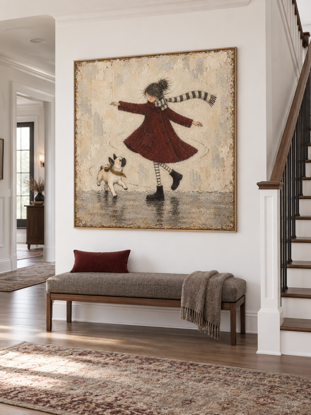 Girl And French Bulldog Dancing Canvas Painting Hand-Painted Wall Art