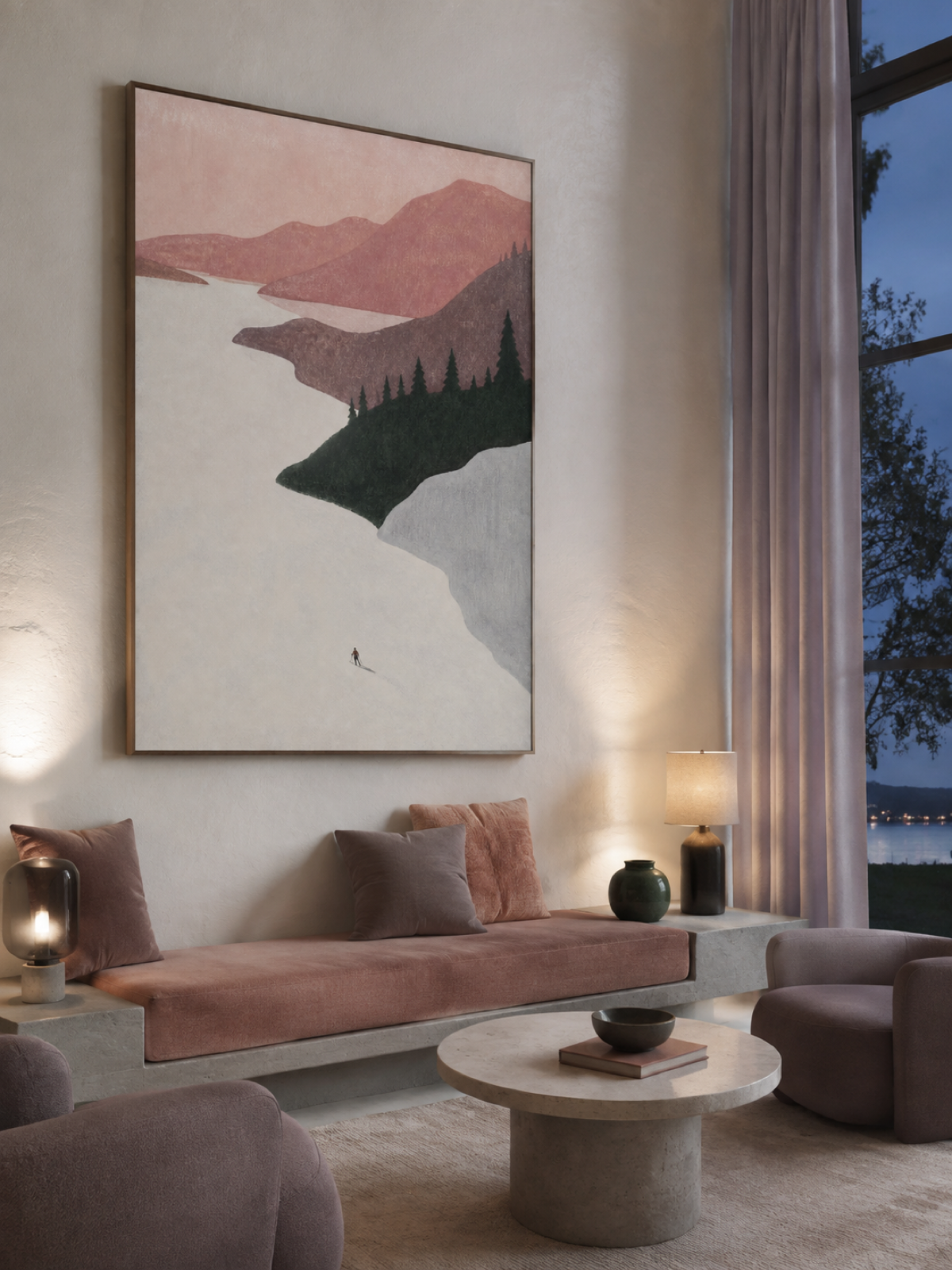 Lone Skier Crossing A Snowy Alpine Valley Contemporary Oil Painting