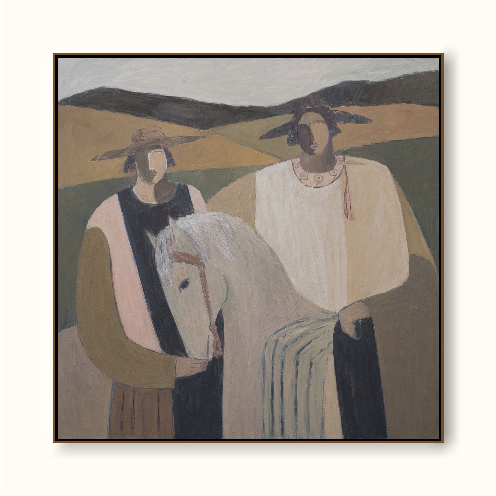Contemporary Folk Art Painting With Horse And Figures In Earthy Tones For Modern Home Decor
