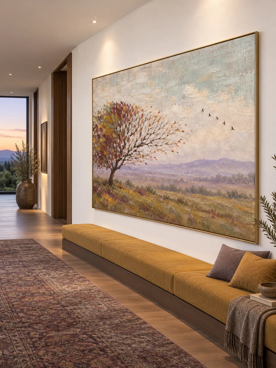 Minimalist Rural Landscape Wall Art Hand Painted Autumn Tree And Mountain Painting