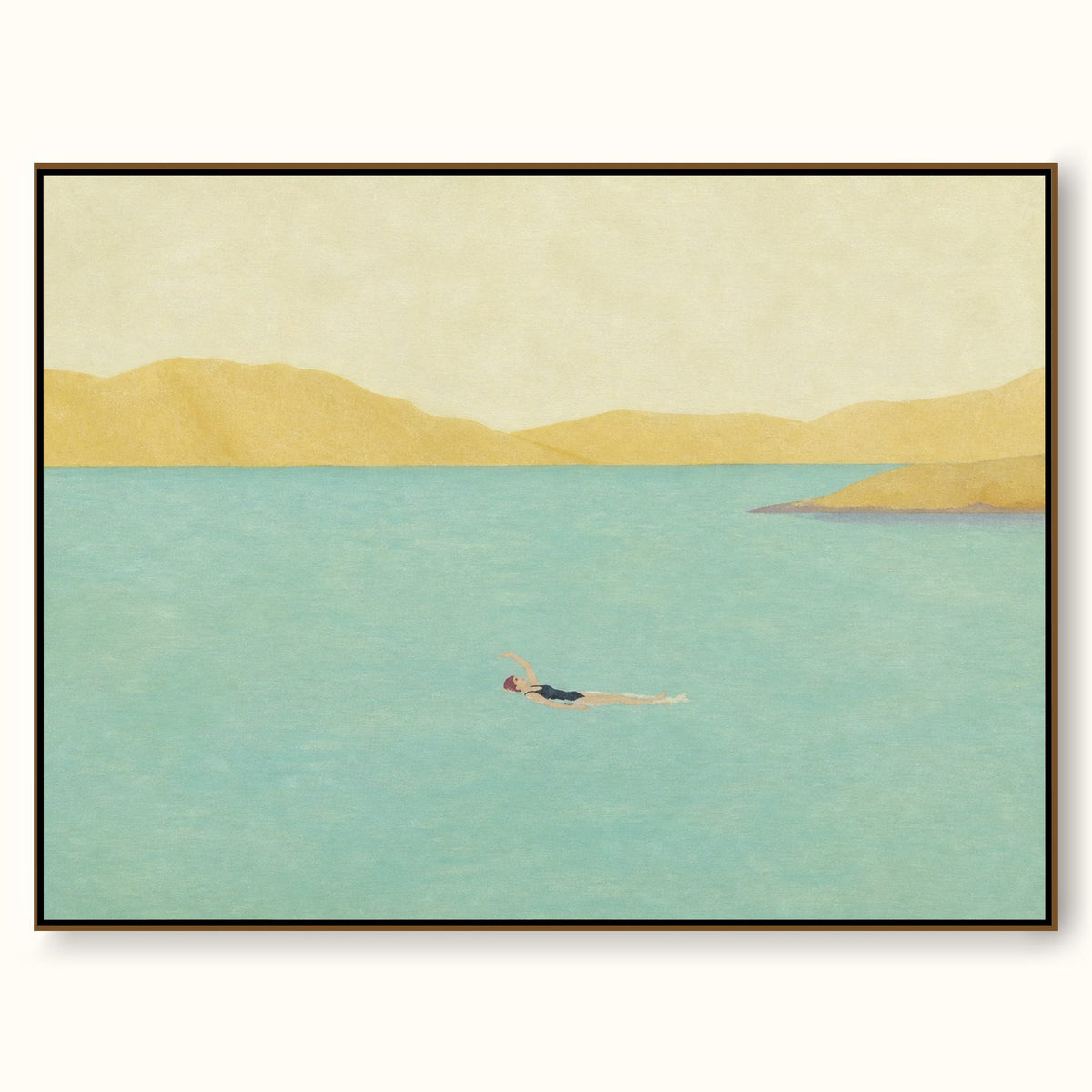 Solitary Swimmer In Turquoise Bay Hand-Painted Canvas Art With Golden Mountains