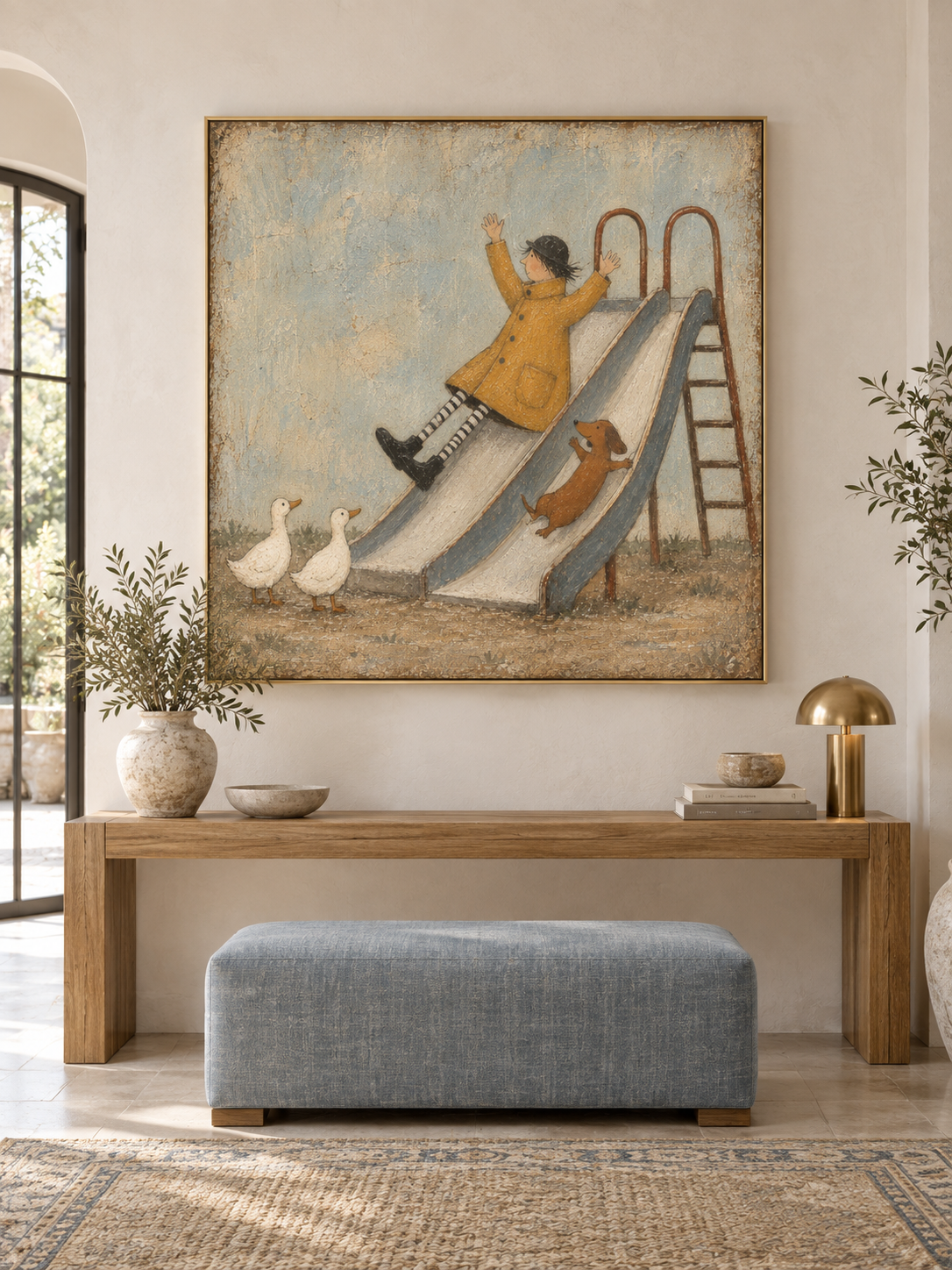 Whimsical Girl And Dog Slide Canvas Painting Hand-Painted Wall Art