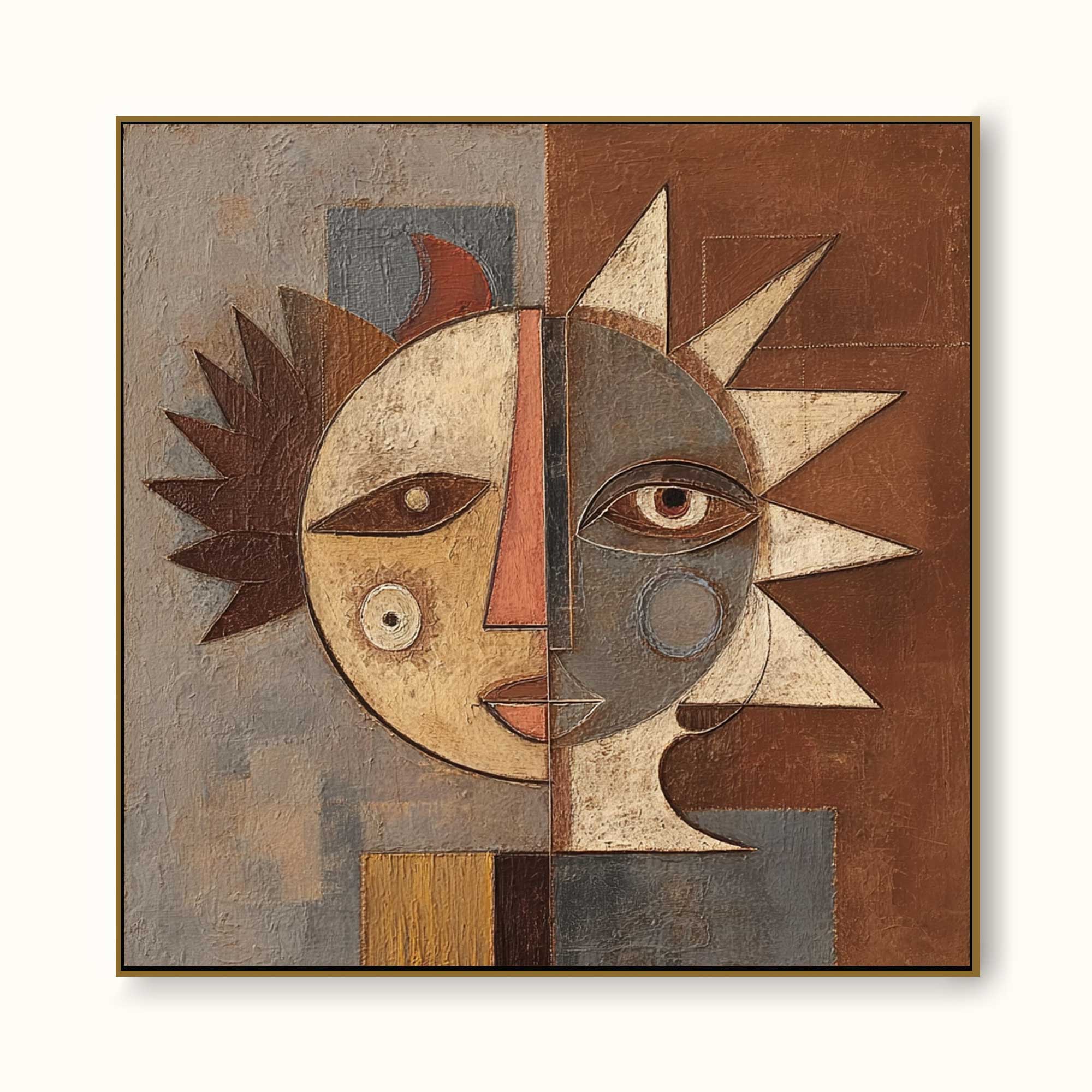 Hand Painted Geometric Portrait On Linen Canvas With Refined Brushwork Texture