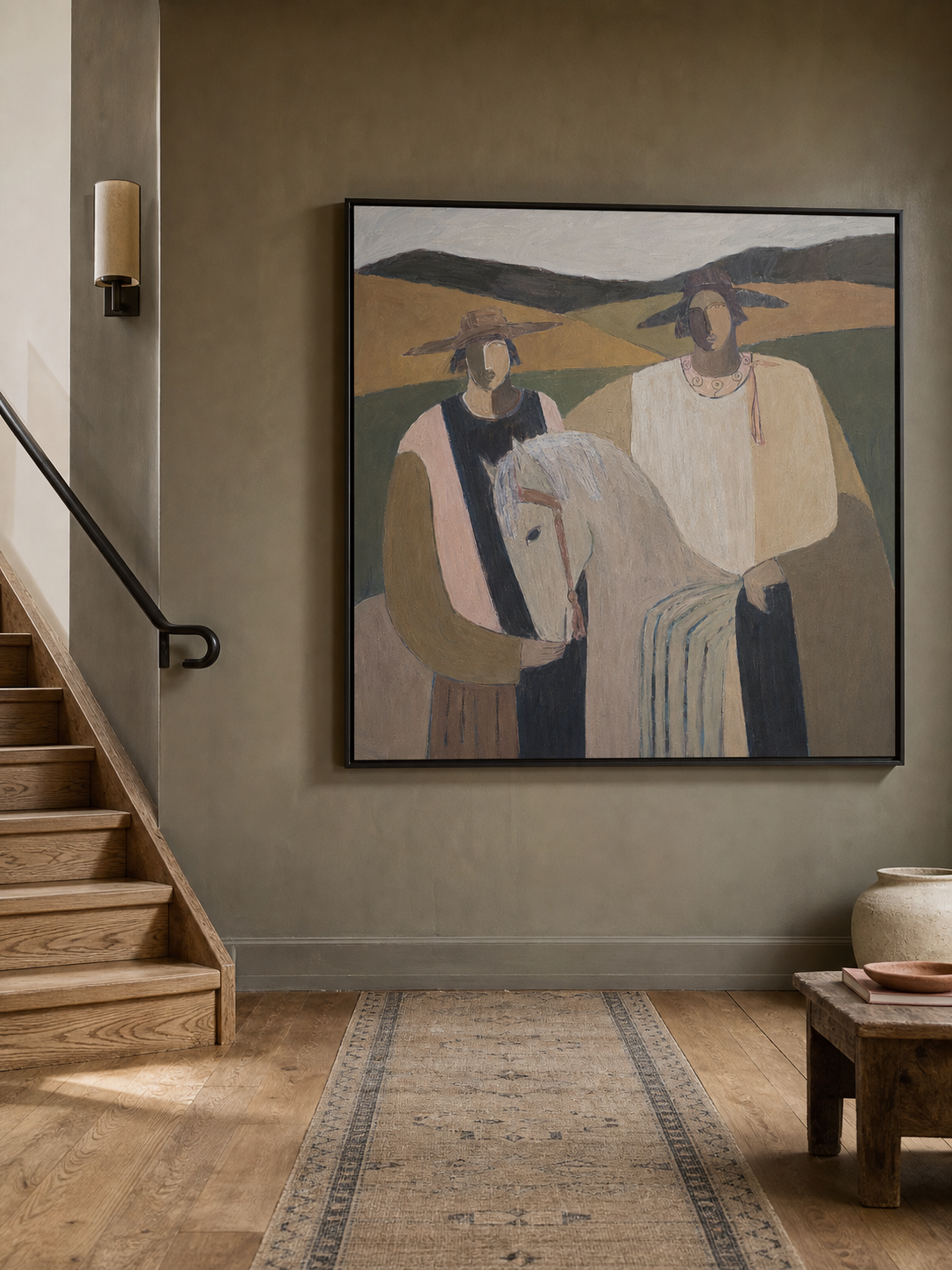Contemporary Folk Art Painting With Horse And Figures In Earthy Tones For Modern Home Decor
