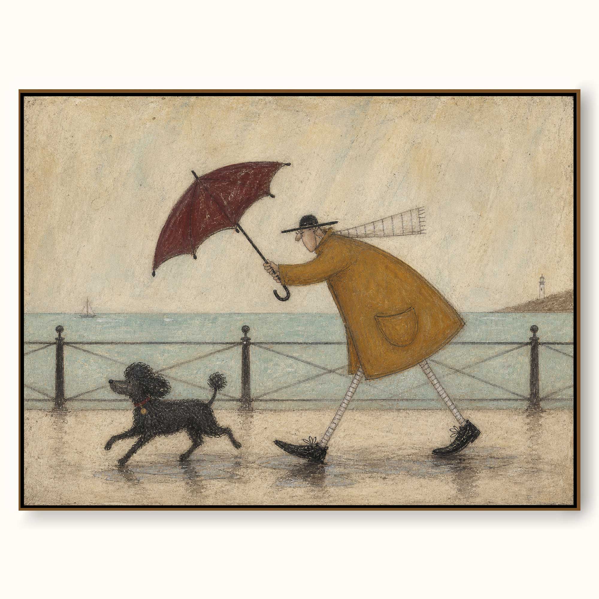 Whimsical Seaside Walk Painting With Dog For Coastal Home Decor
