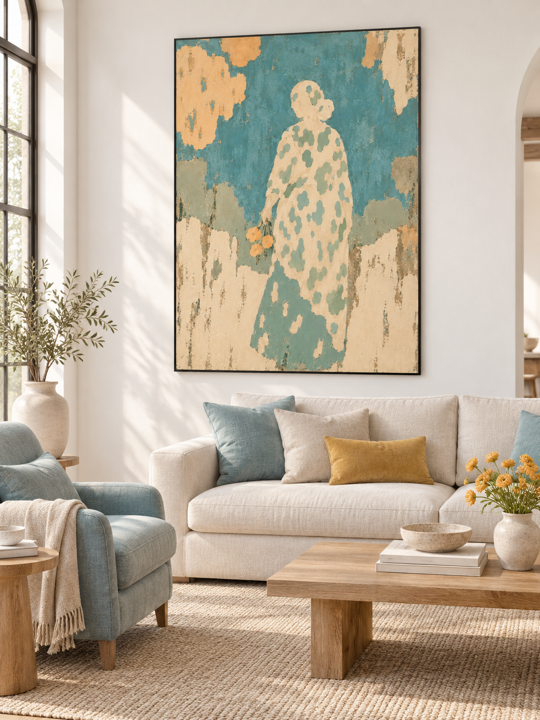 Large Contemporary Woman Painting In Soft Neutral Tones For Bedroom Decor