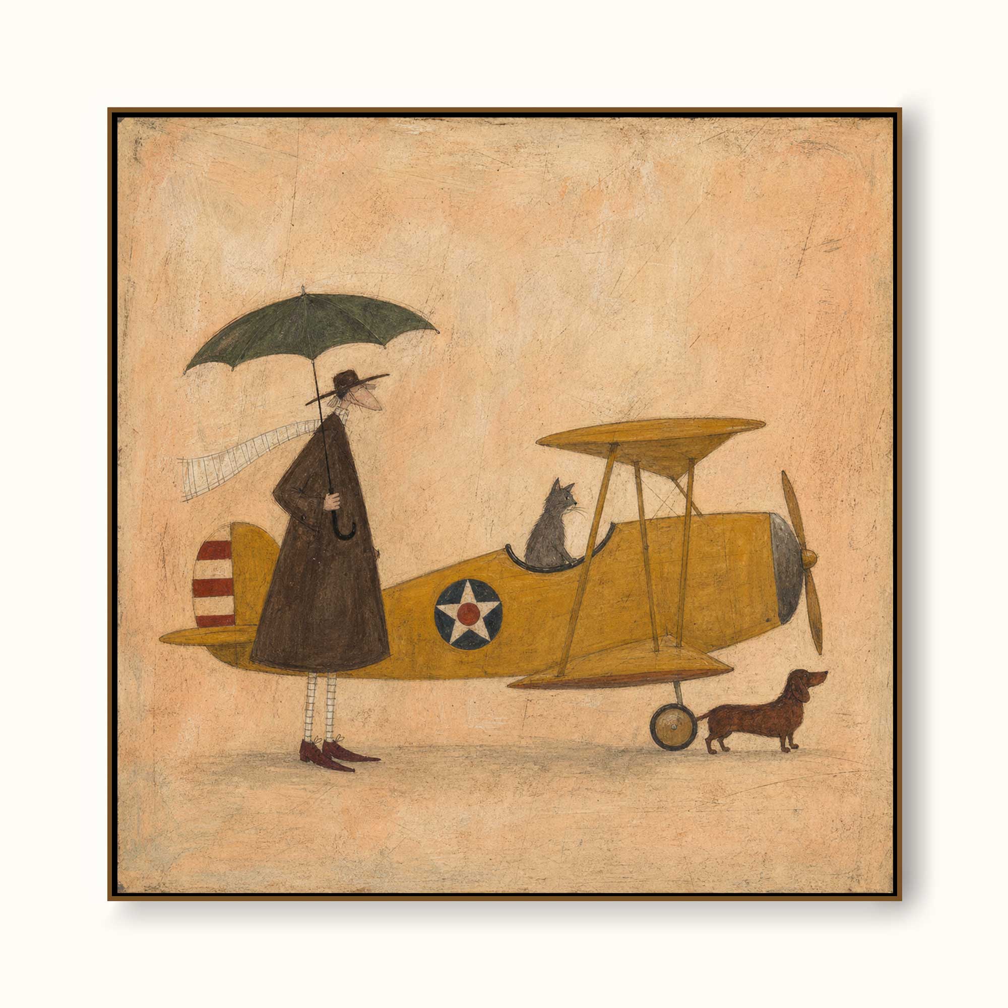 Whimsical Vintage Airplane Painting With Cat And Dog For Eclectic Home Decor