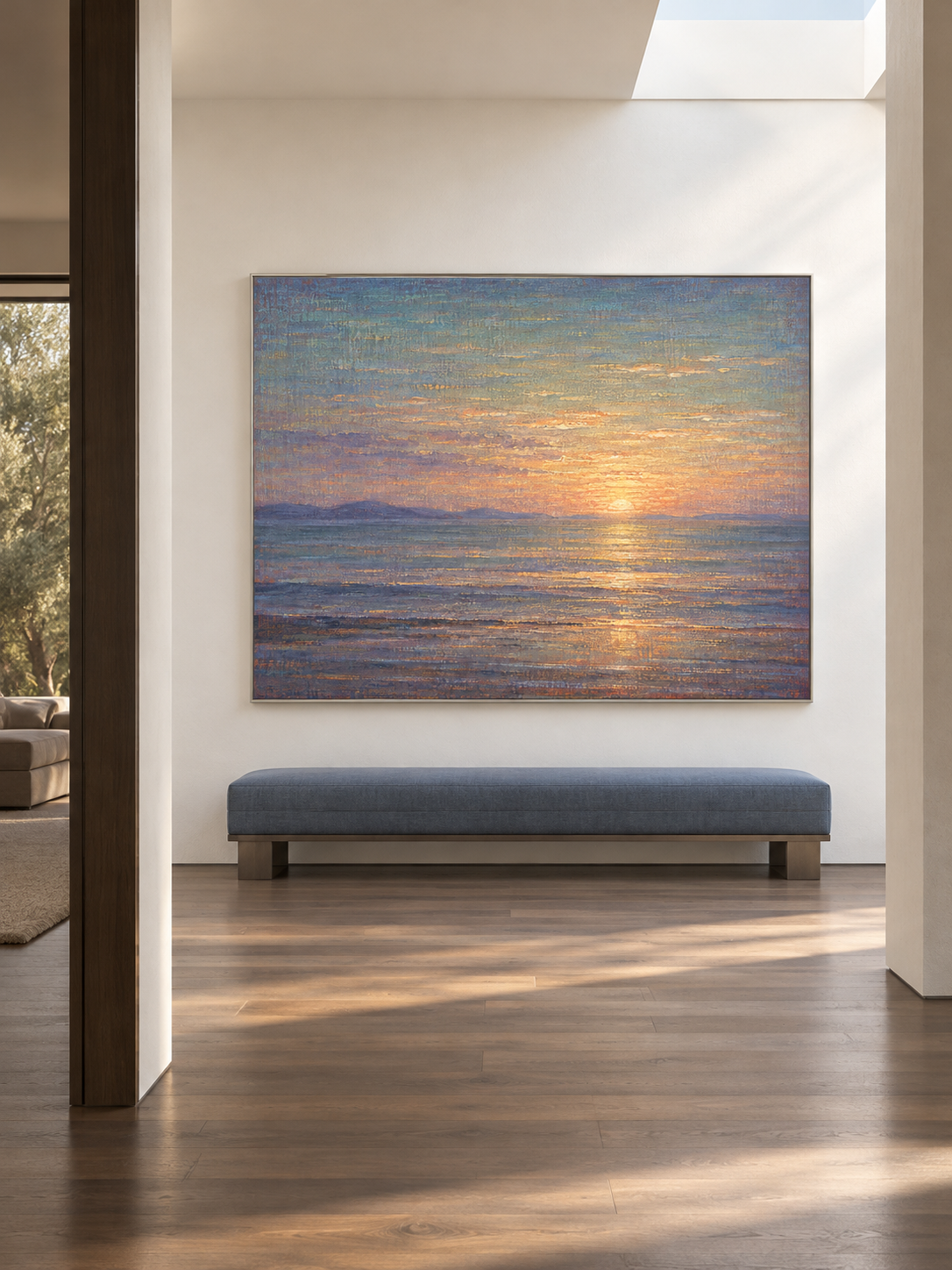 Hand-Painted Sunset Seascape Canvas Art With Golden Reflections On Blue Ocean