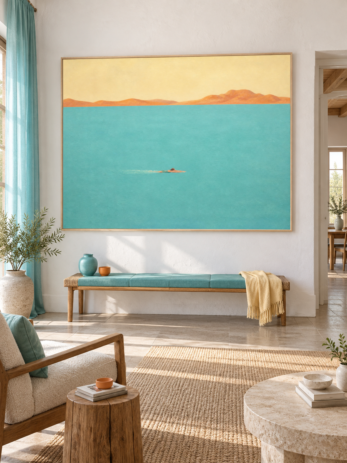 Modern Coastal Wall Art For Bedroom Room Solo Swimmer Painting Blue Beige
