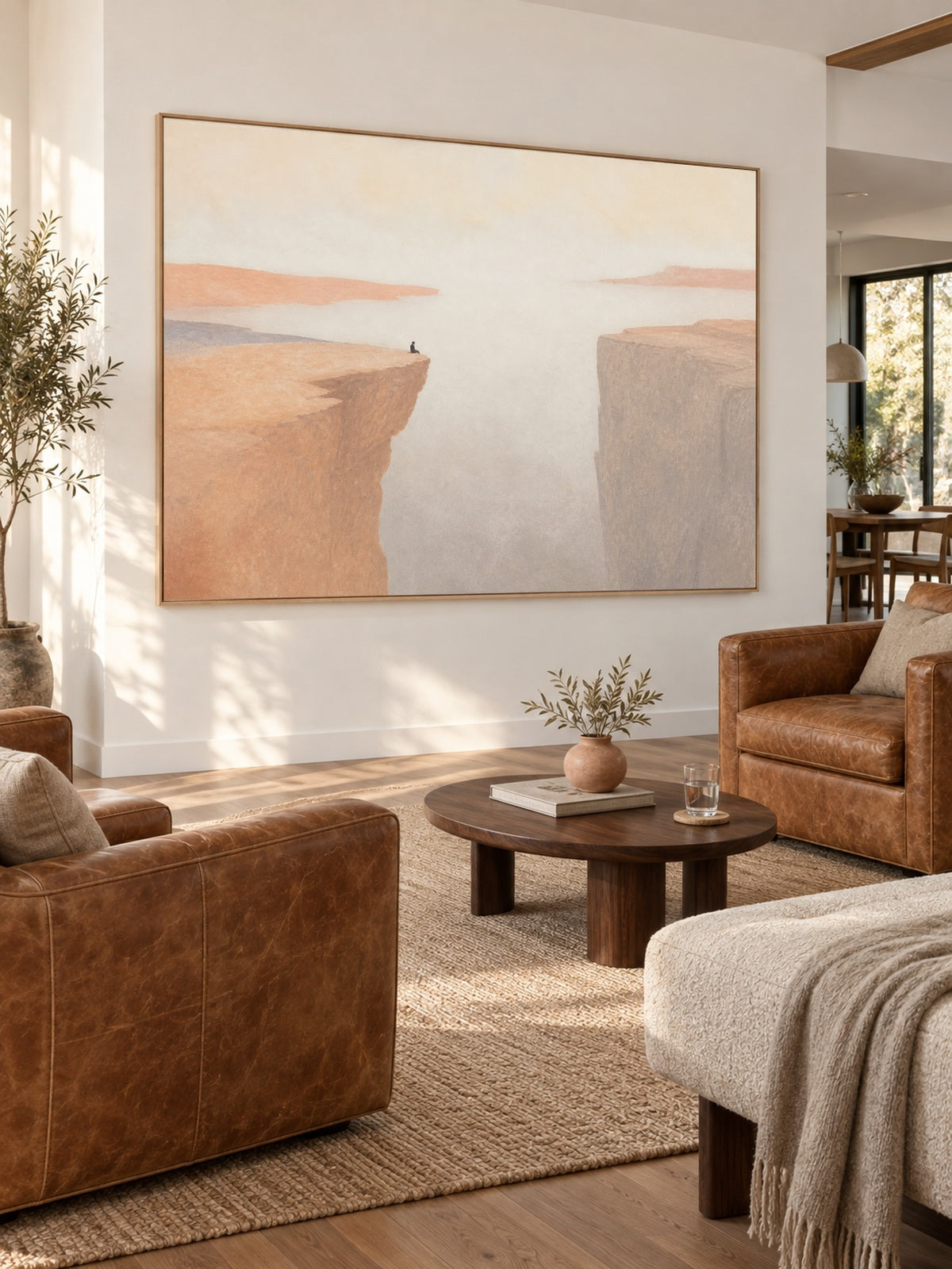 Solitary Figure On Peach Cliff Hand-Painted Canvas Wall Art In Neutral Tones
