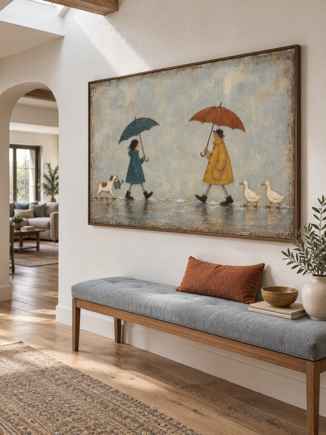 Whimsical Couple With Umbrellas Dogs And Ducks Hand Painted Wall Art