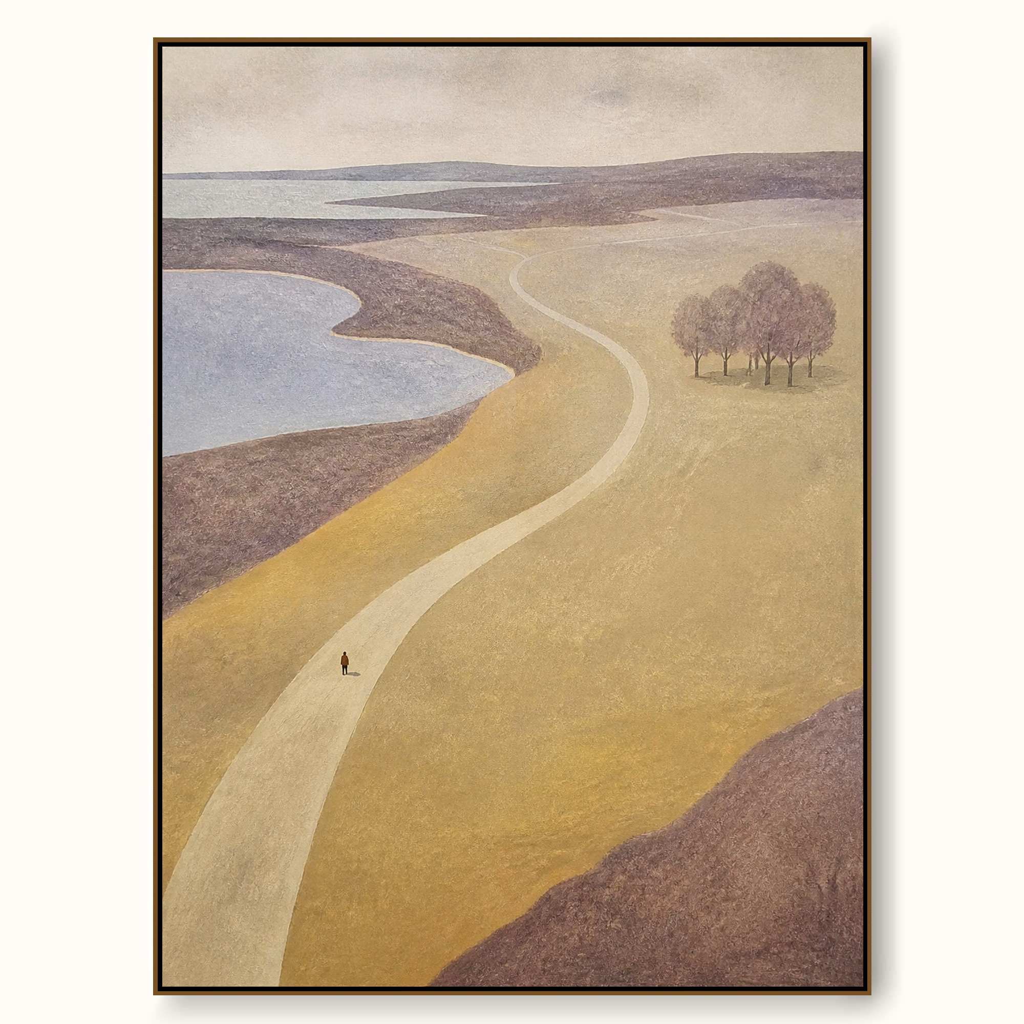 Neutral Ochre Landscape Wall Art With Distant Trees For Modern Bedroom Decor