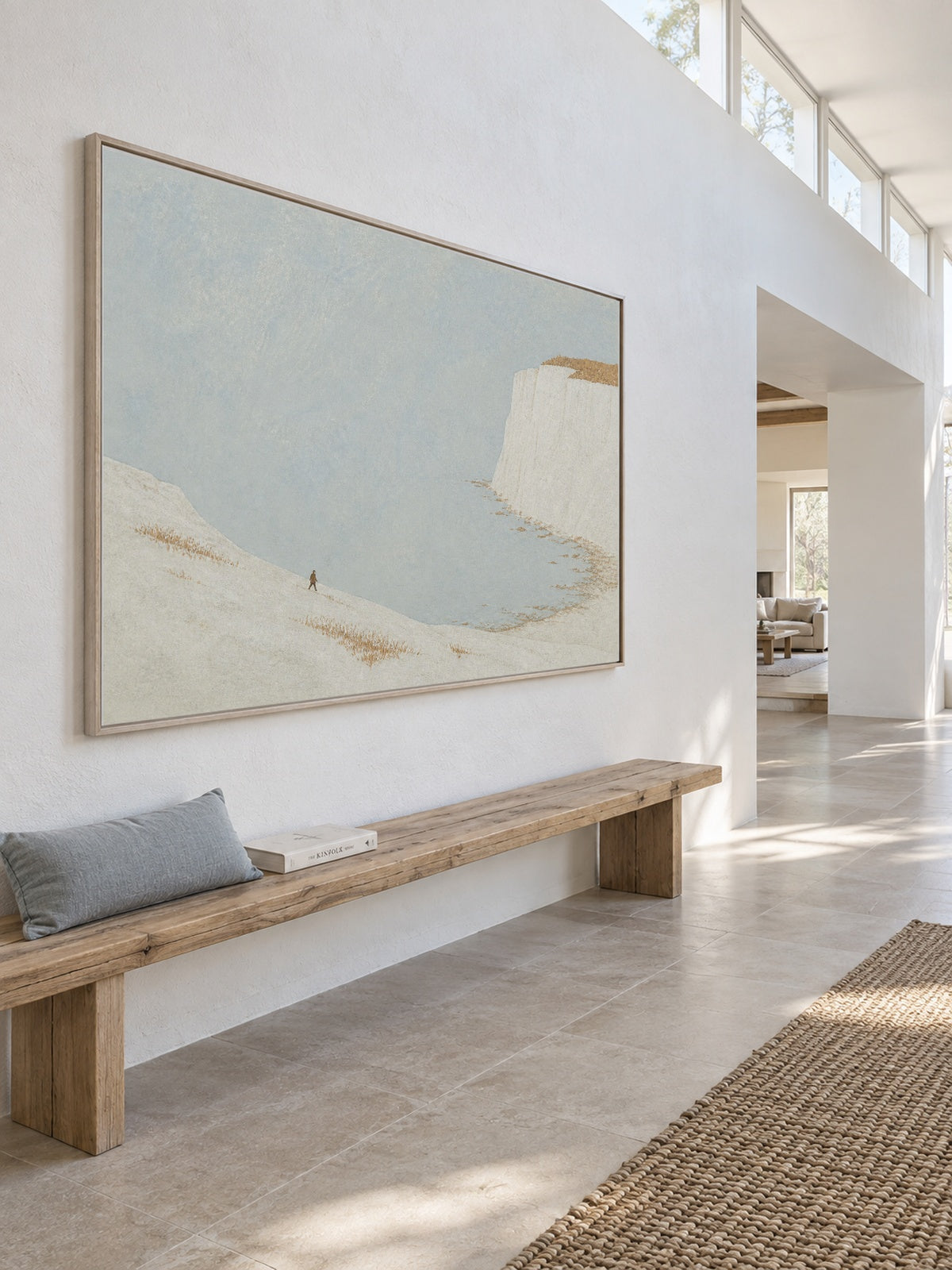 Minimalist Cliff Landscape Original Oil Painting In White And Blue