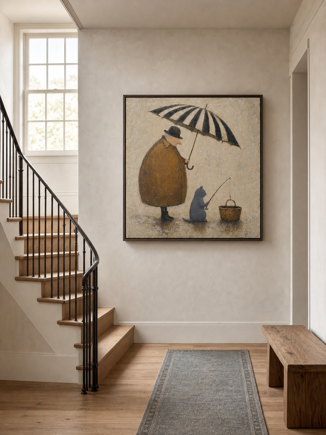 Whimsical Cat And Man Painting With Umbrella For Cozy Home Decor