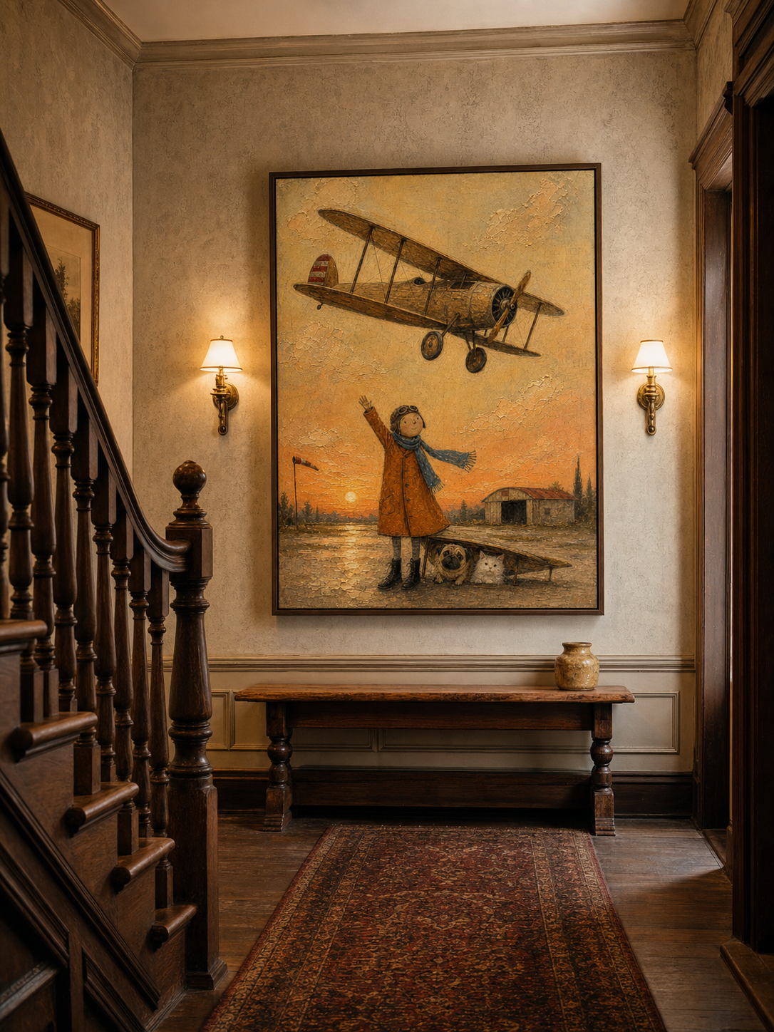 Whimsical Vintage Airplane Painting For Kids Room With Pets And Sunset Glow Original Art