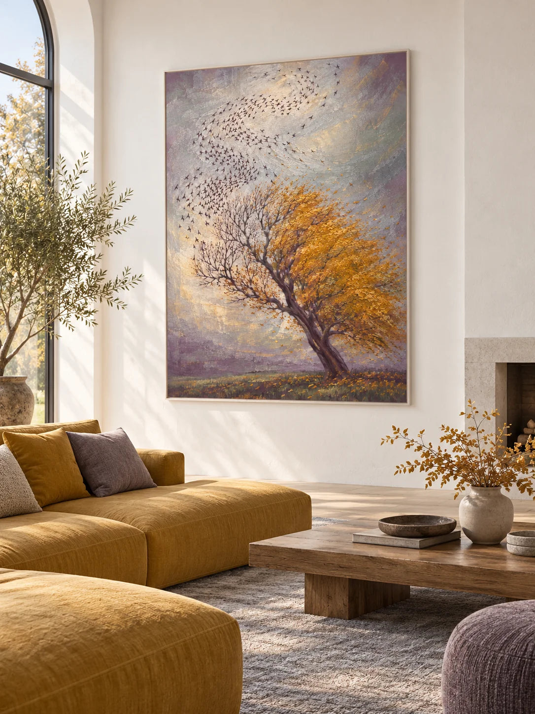 Vintage Golden Autumn Tree Painting Large Textured Bird And Nature Landscape Artwork