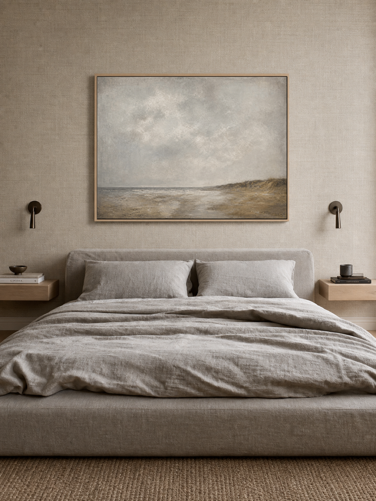 Vintage Coastal Landscape Painting With Gray And Beige Tones For Living Room Decor