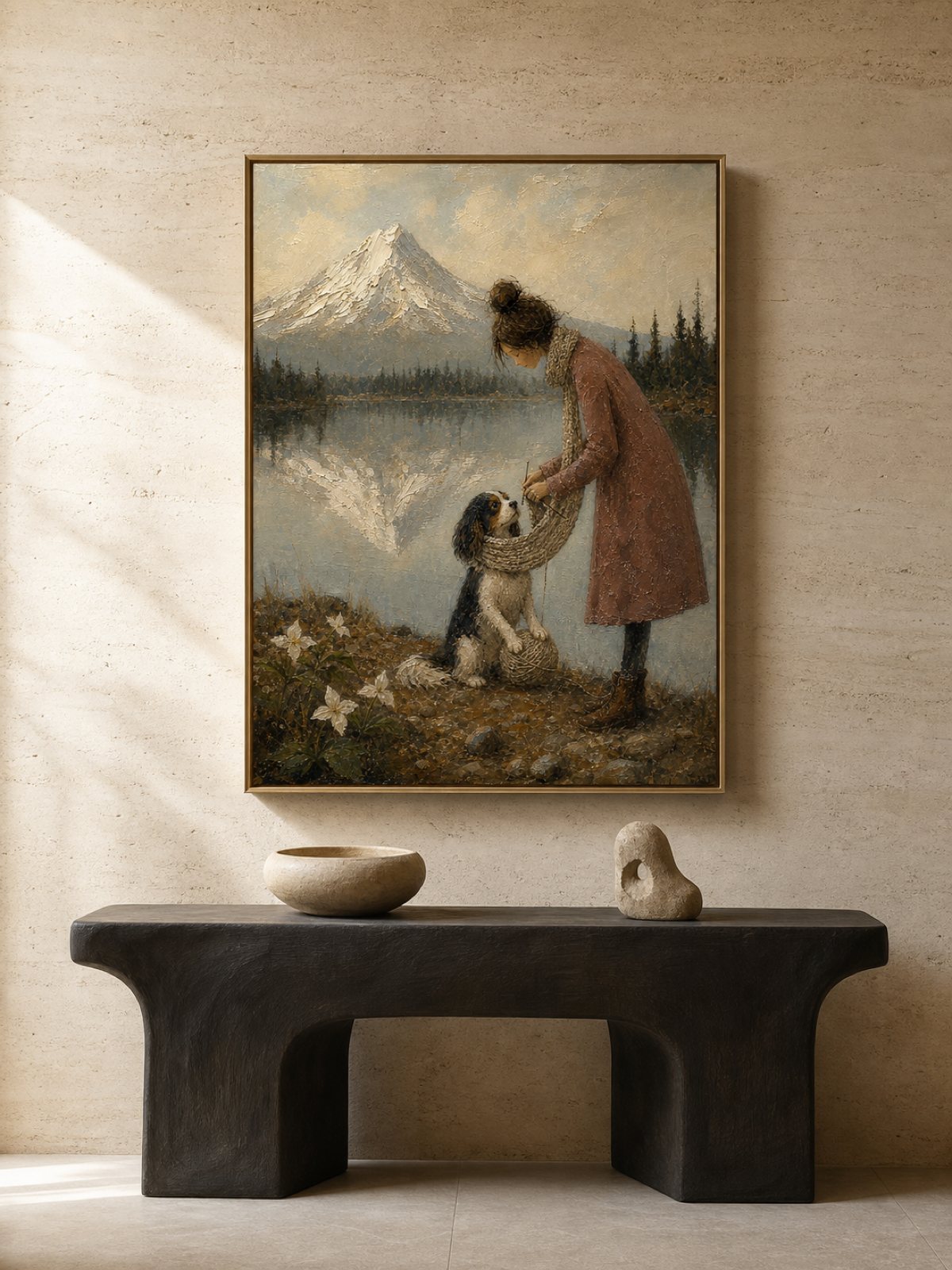Vintage Pet Travel Wall Art Woman And Dog Abstract Landscape Oil Painting