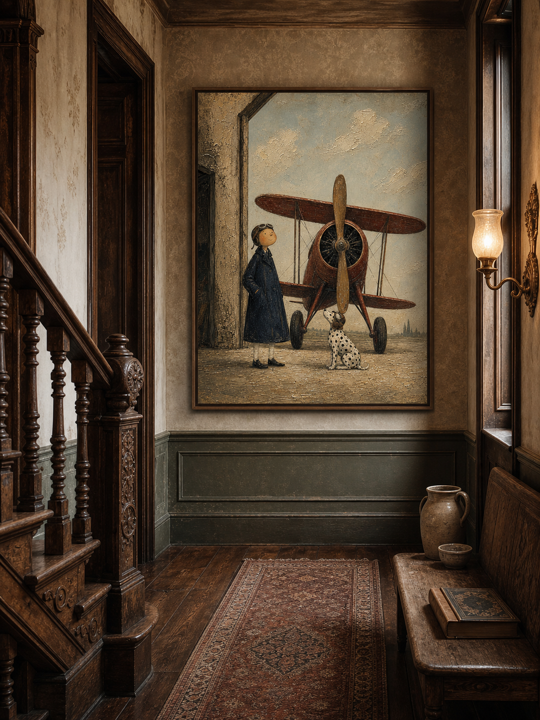 Vintage Pilot And Dalmatian Dog Wall Art With Classic Biplane For Study