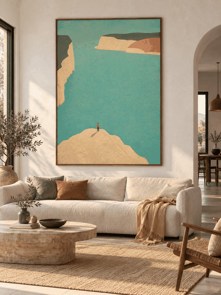 Large Aqua Coastal Landscape Wall Art With Cream Cliffs For Living Room Decor