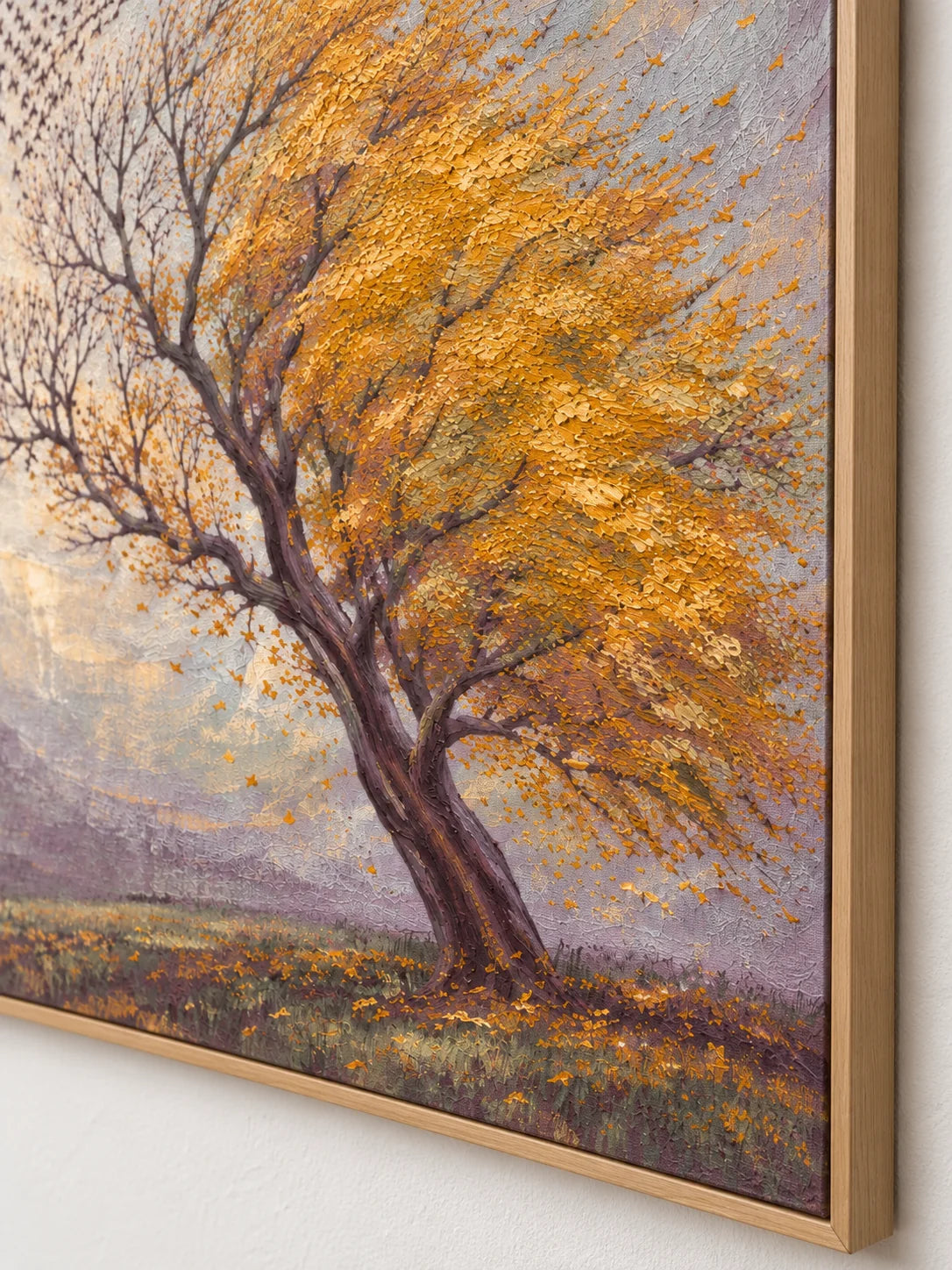 Vintage Golden Autumn Tree Painting Large Textured Bird And Nature Landscape Artwork