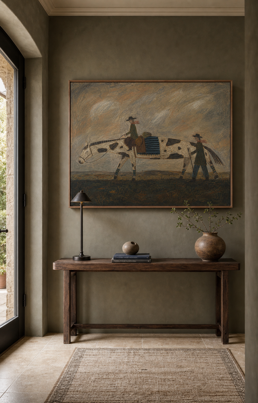 Vintage Western Horse And People Painting For Rustic Living Room Wall Art Decor