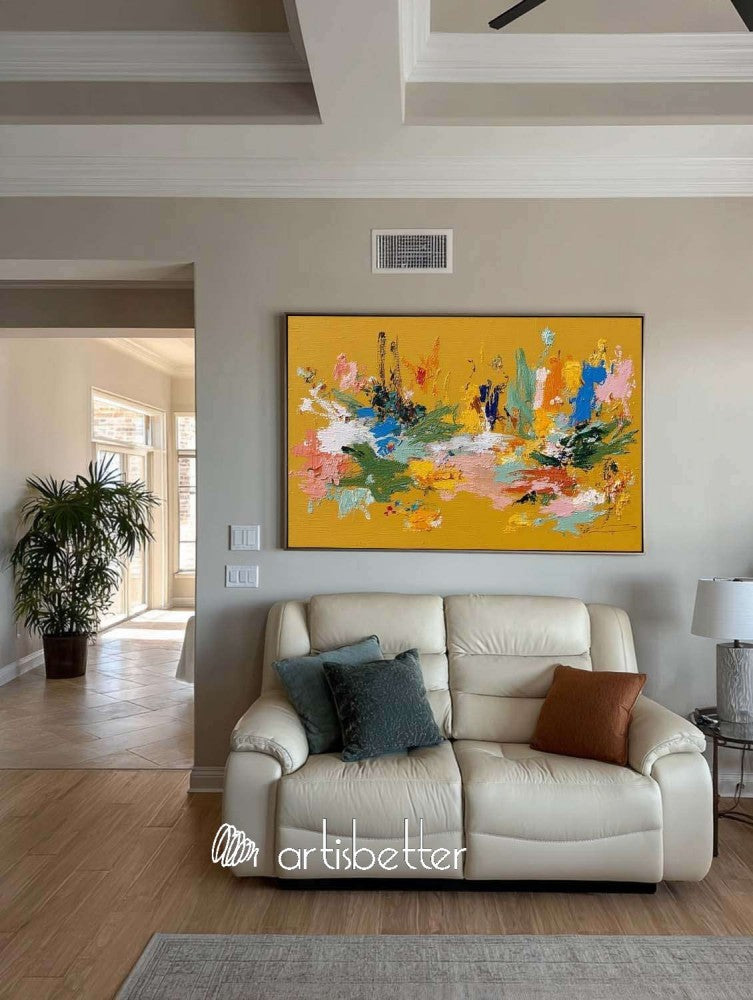 Large Horizontal Orange Floral Abstract Painting With Tactile Texture For Modern Living Room