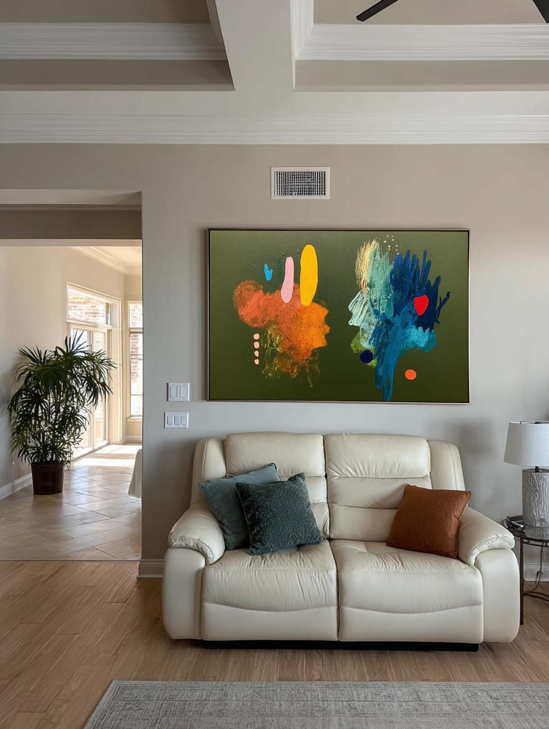 Minimalist Organic Modern Green Oil Painting Large Horizontal Framed Art For Mid-Century Home