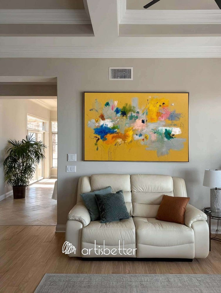Large Horizontal Orange Floral Abstract Painting Modern Orange Abstract Flower Art