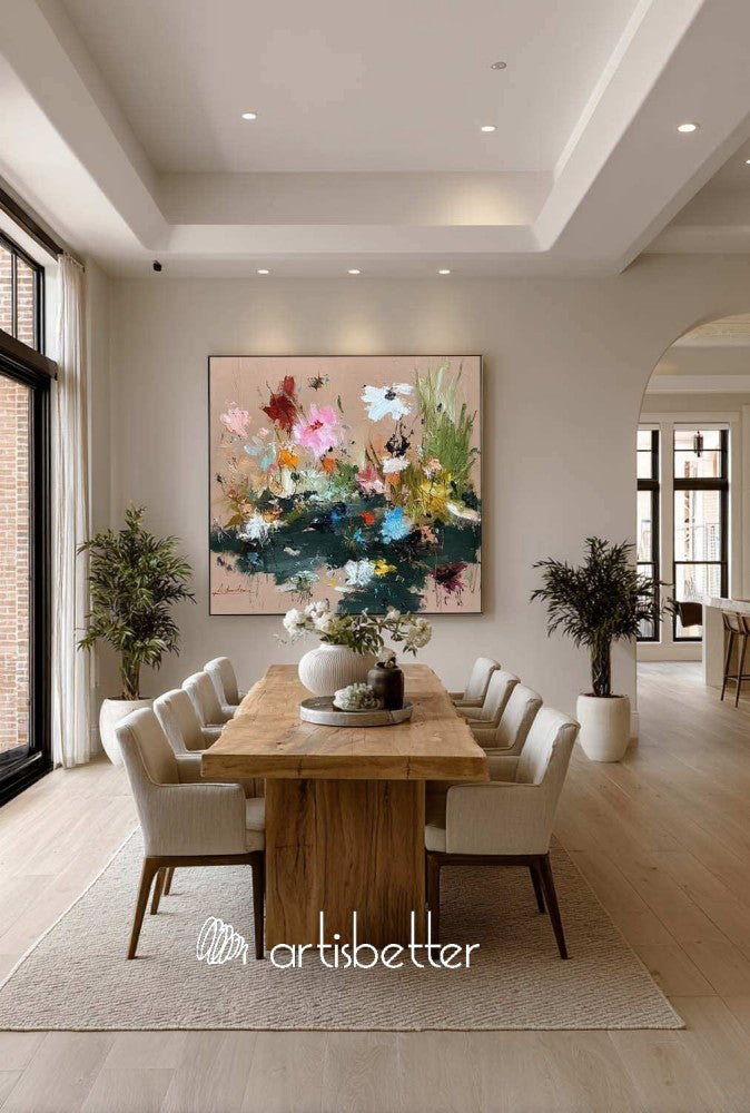 Large Square Floral Abstract Oil Painting With Heavy Impasto Sculptural Strokes For Modern Art Gallery Decor