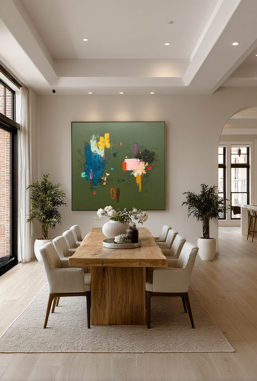 Original Handmade Colorful Oil Painting On Green Canvas Large Square Abstract Canvas Wall Art