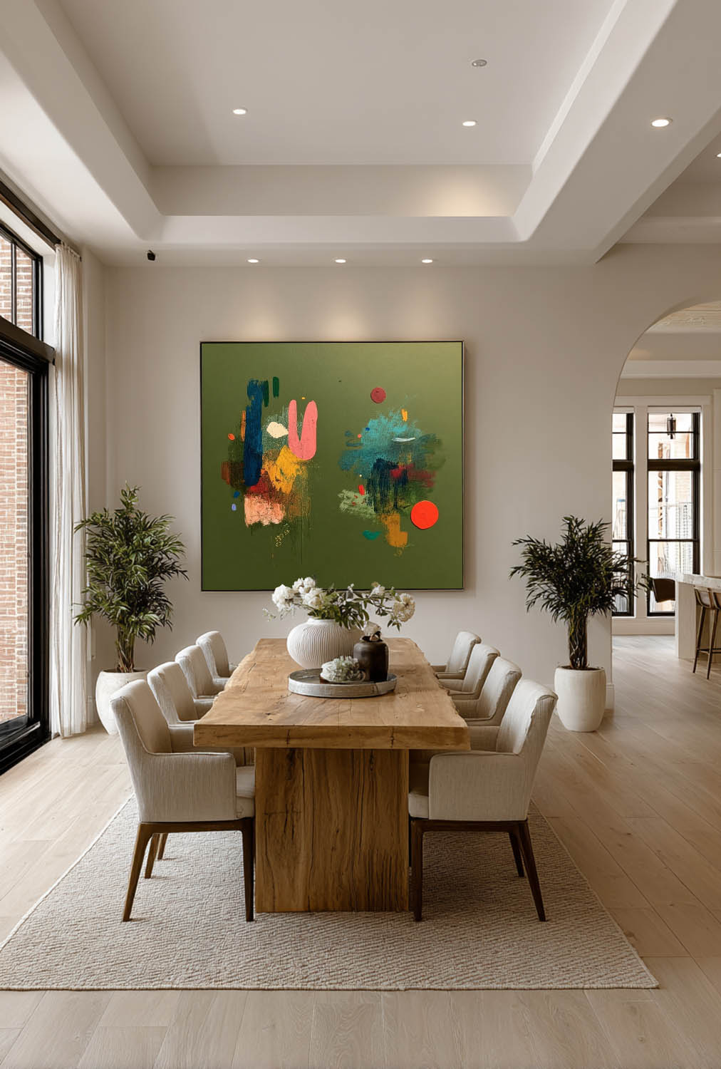 Original Handmade Colorful Abstract Oil Painting On Green Canvas Large Square Textured Modern Art