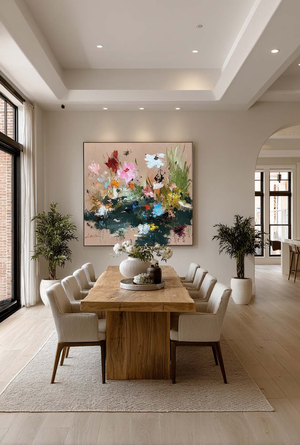 Large Square Floral Abstract Oil Painting With Heavy Impasto Sculptural Strokes For Modern Art Gallery Decor