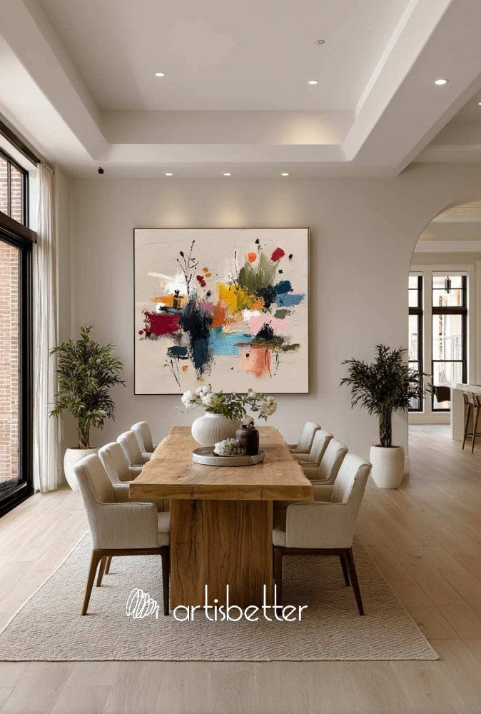 Minimalist Botanical Wall Art In Warm Beige And Pastel Pink Tones Square Original Painting For Organic Modern Home