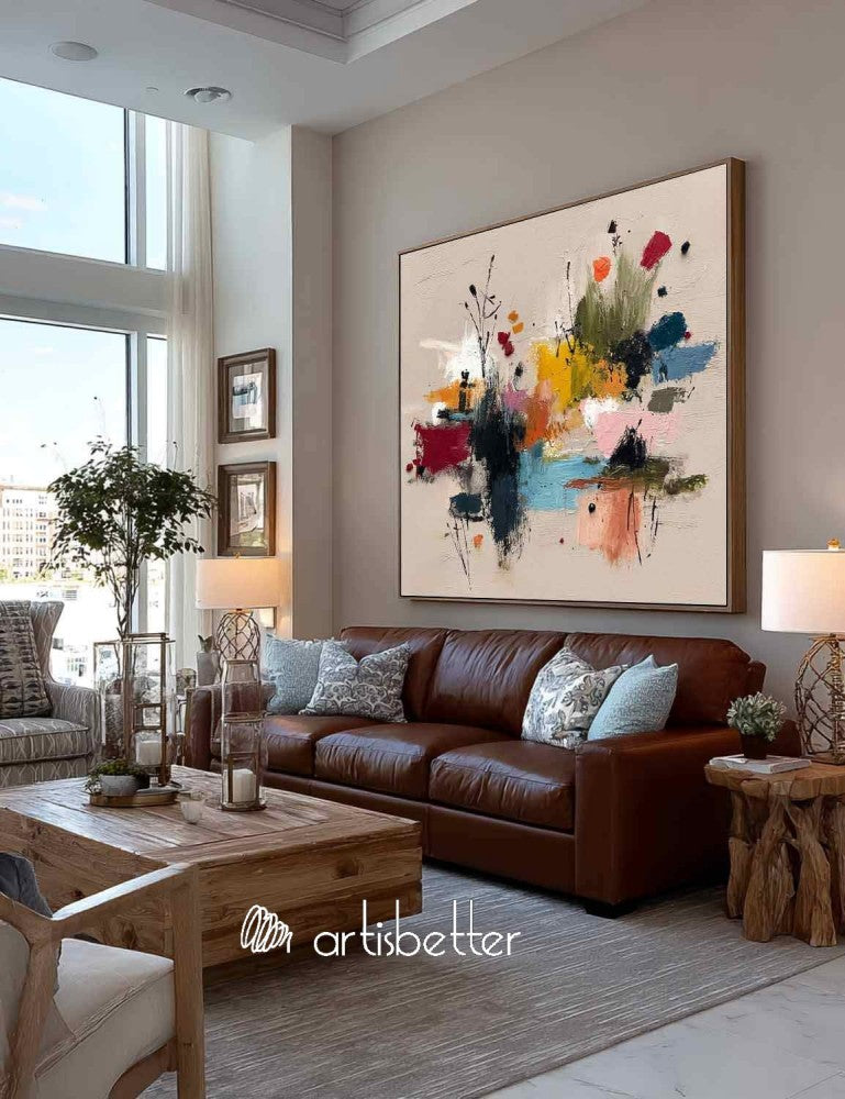 Minimalist Botanical Wall Art In Warm Beige And Pastel Pink Tones Square Original Painting For Organic Modern Home