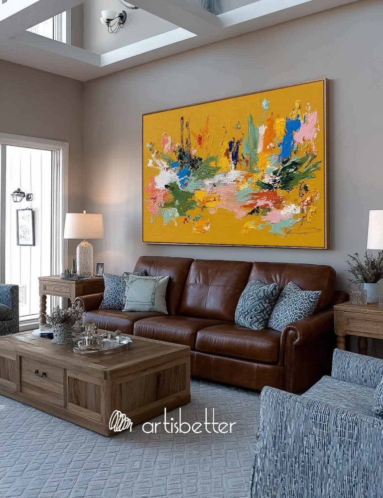 Large Horizontal Orange Floral Abstract Painting With Tactile Texture For Modern Living Room