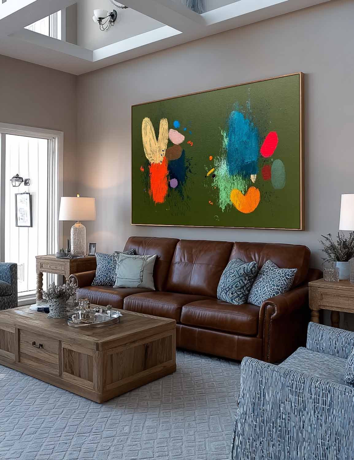 Original Hand Painted Green Figure Art Large Modern Minimalist Abstract Face Art Green Horizontal Textured Oil Painting