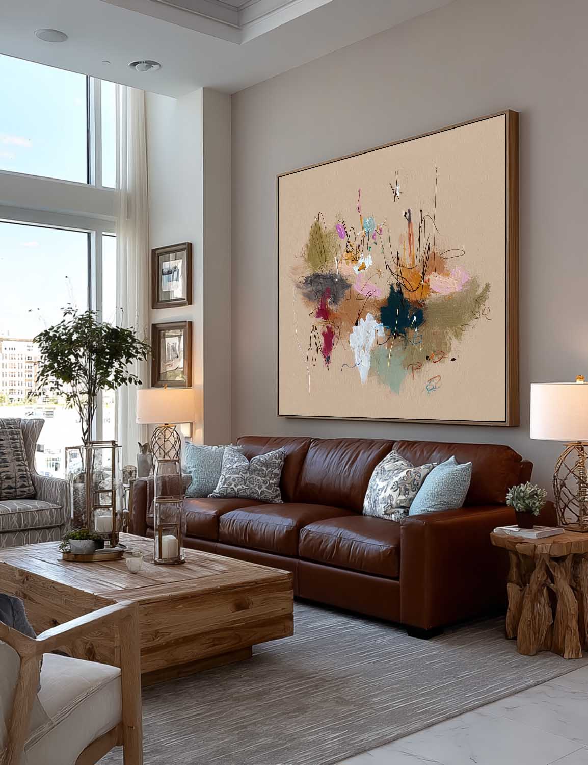 Handmade Colorful Abstract Wall Art On Beige Canvas Original Textured Painting For Living Room And Office Decor