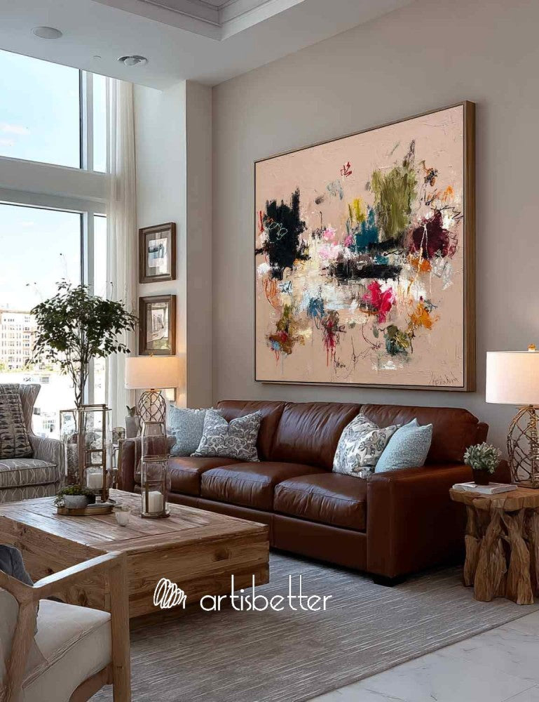 Large Square Minimalist Wall Art In Beige And Brown For Organic Modern Living Room