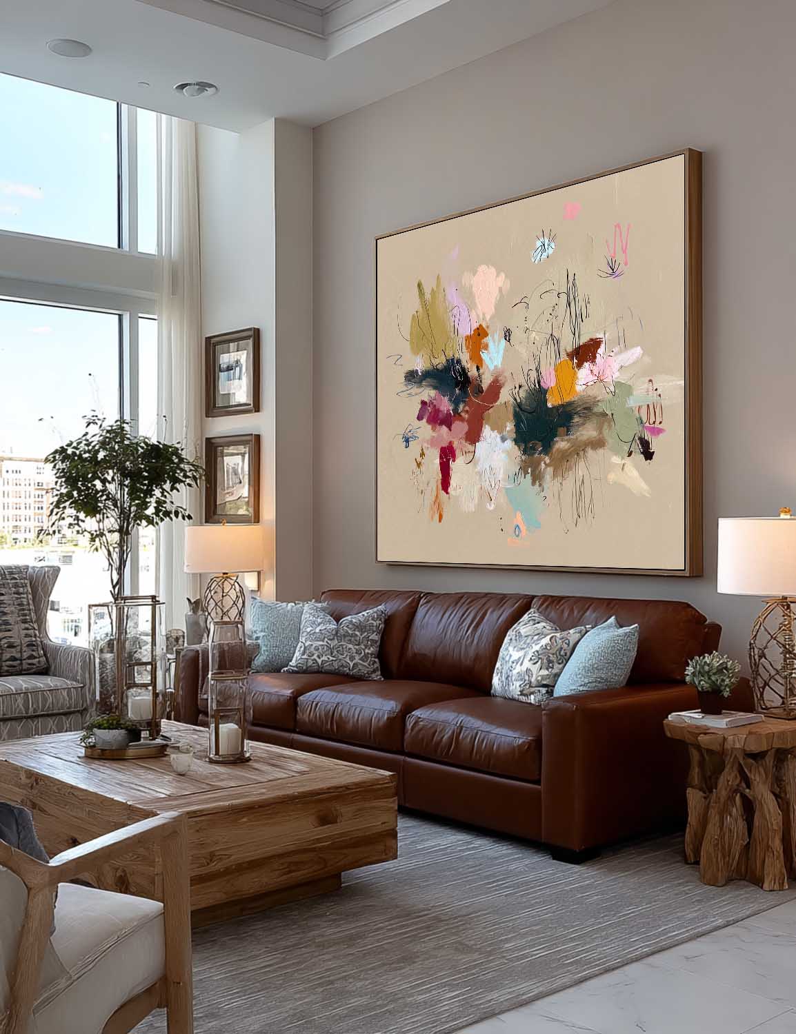 Handmade Abstract Expressionist Wall Art On Beige Canvas Original Colorful Painting For Contemporary Interiors