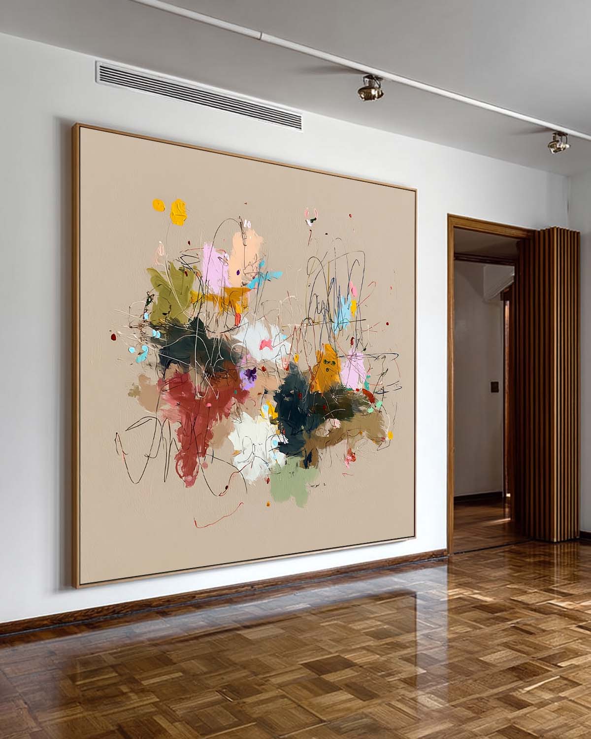 Original Abstract Expressionist Painting On Beige Canvas Colorful Abstract Art On Neutral Beige Background