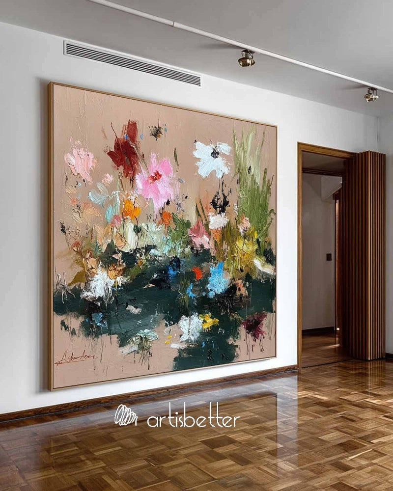 Large Square Floral Abstract Oil Painting With Heavy Impasto Sculptural Strokes For Modern Art Gallery Decor
