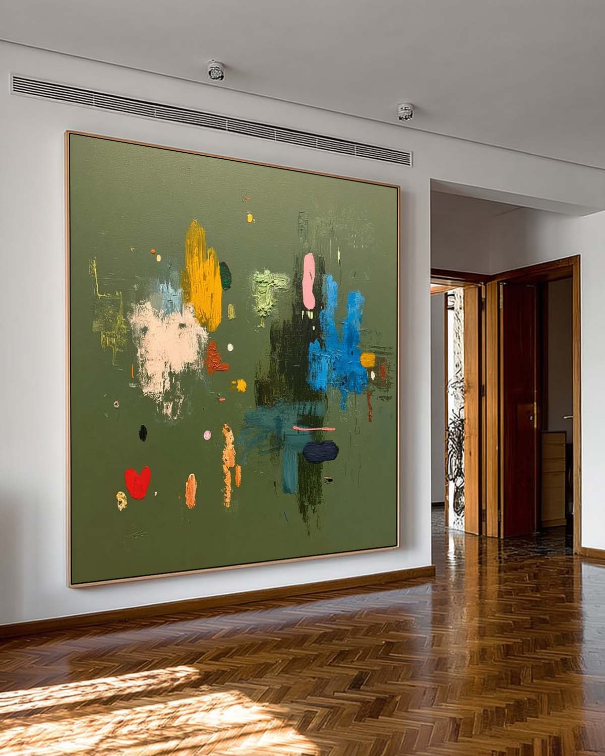 Original Handmade Colorful Abstract Painting On Green Canvas Colorful Square Canvas For Modern Interiors