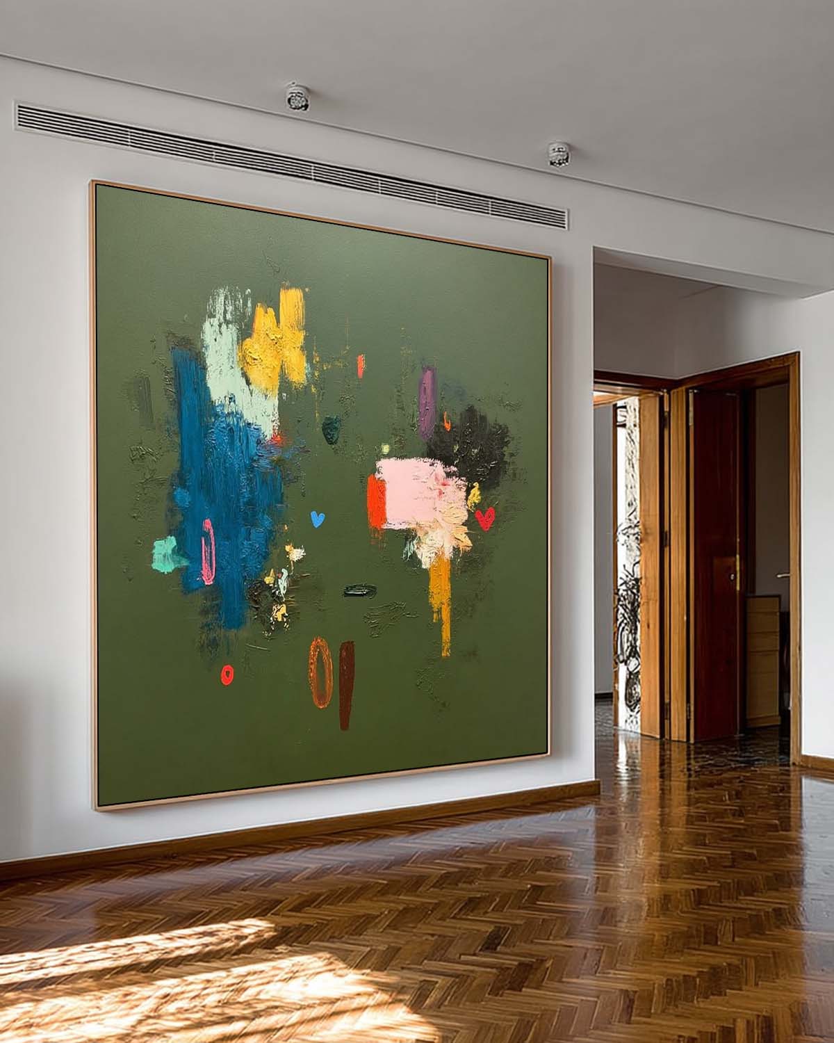 Original Handmade Colorful Oil Painting On Green Canvas Large Square Abstract Canvas Wall Art