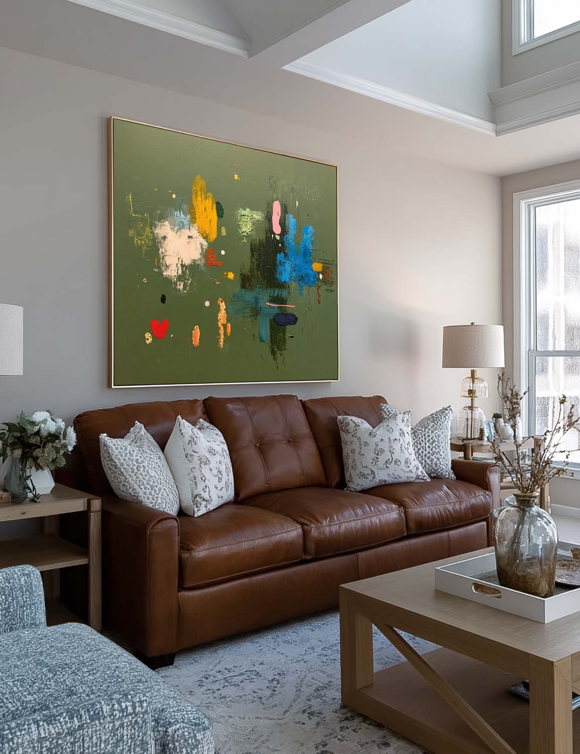 Original Handmade Colorful Abstract Painting On Green Canvas Colorful Square Canvas For Modern Interiors