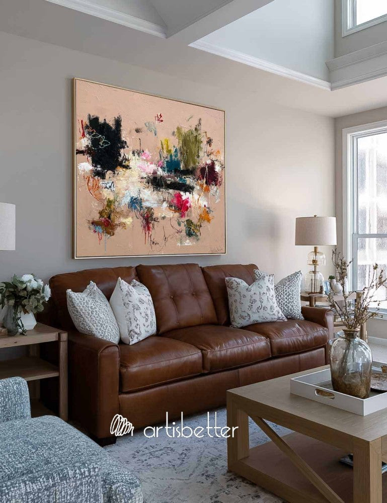 Large Square Minimalist Wall Art In Beige And Brown For Organic Modern Living Room