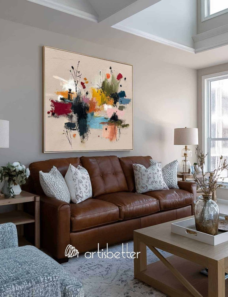 Minimalist Botanical Wall Art In Warm Beige And Pastel Pink Tones Square Original Painting For Organic Modern Home