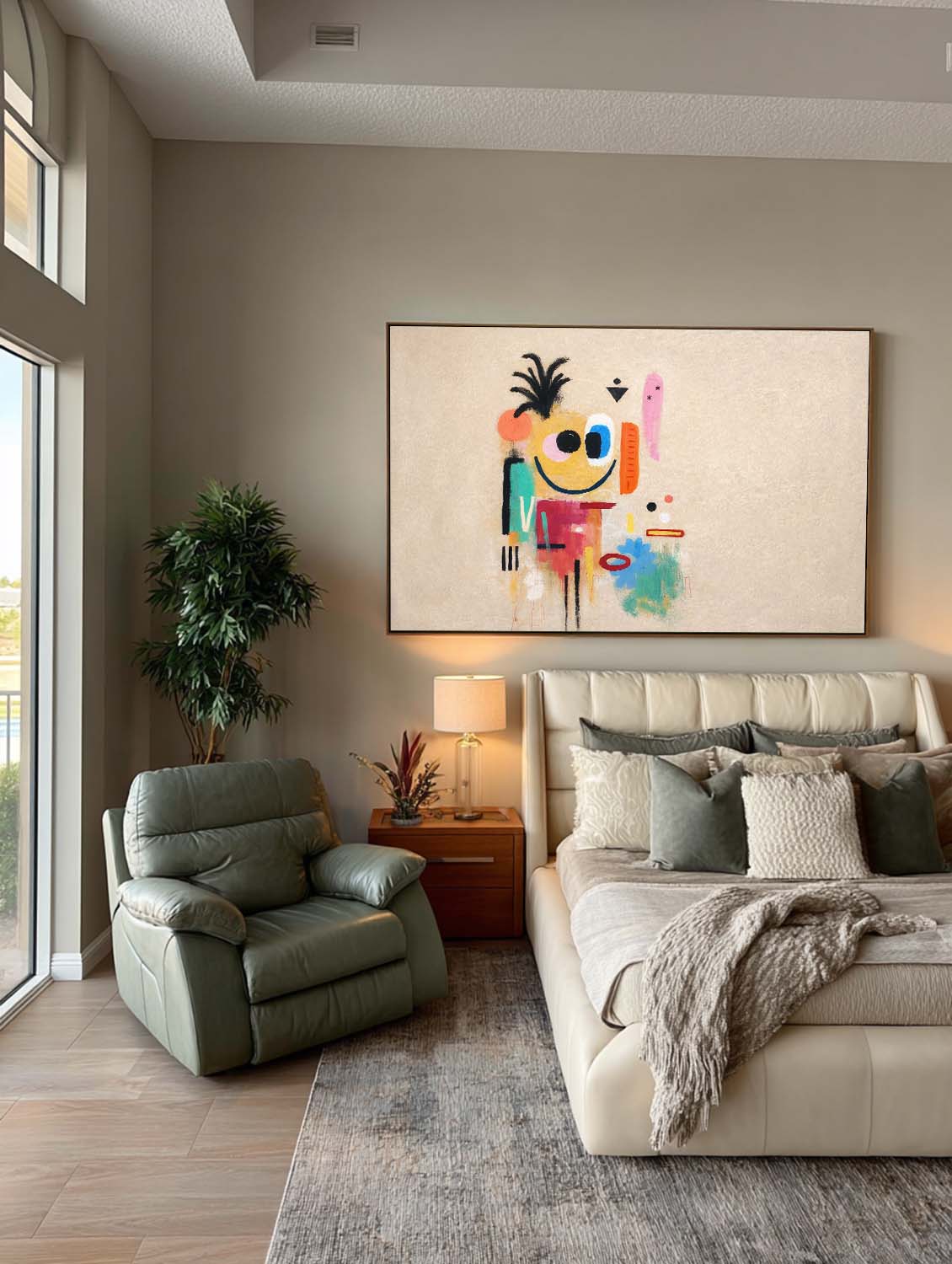 Large Horizontal Beige Abstract Character Painting With Artistic Texture For Modern Home